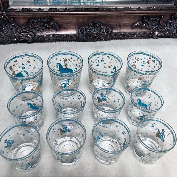 Mid Century Arabian Nights Vintage Horse & Rider glass lowball large rocks set - Picture 2 of 10